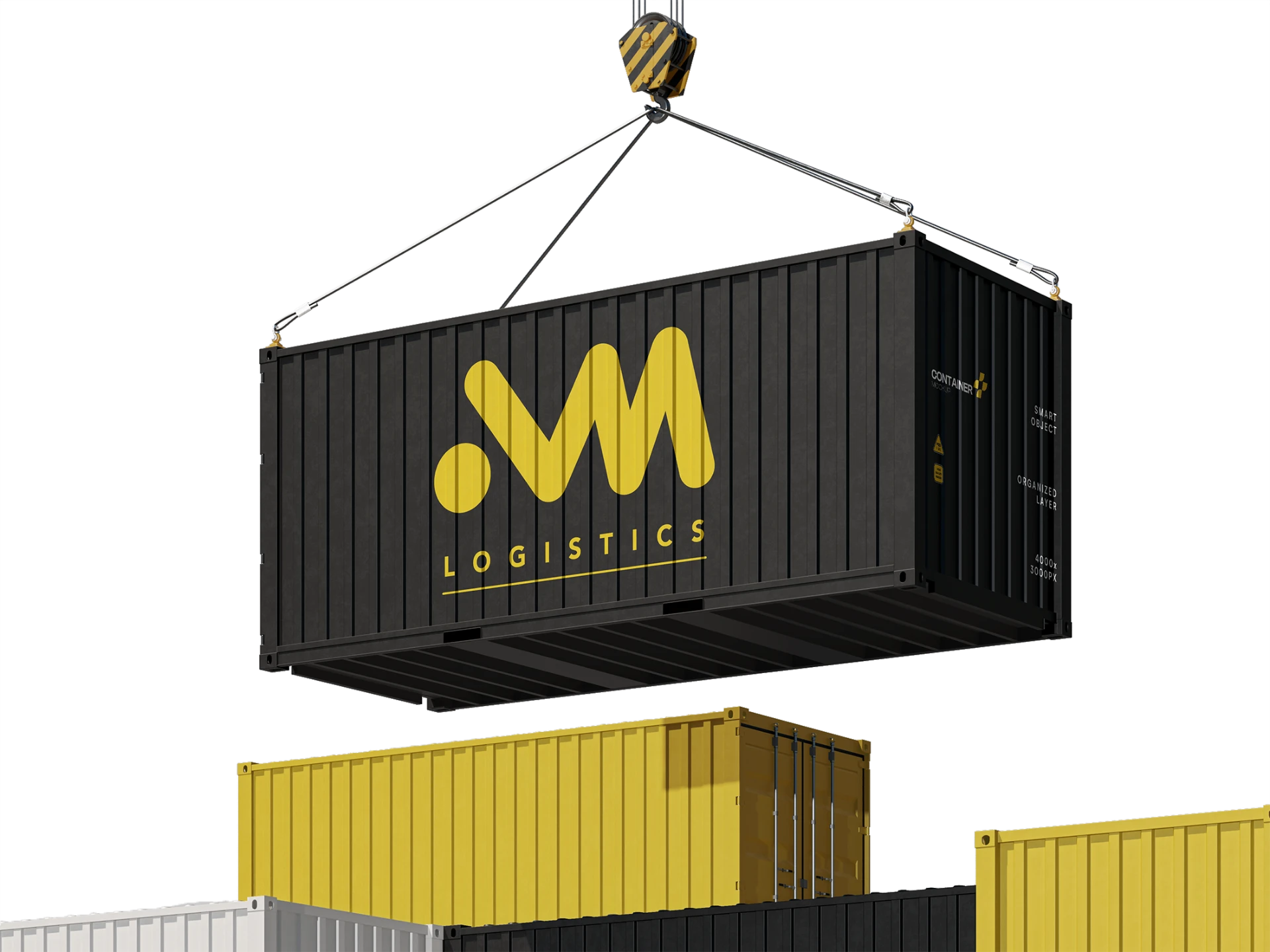 AM Logistics branded shipping container lifted by a crane